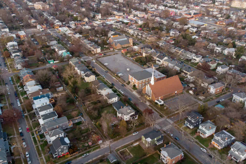 Aerial view of church and houses in Richmond, Virginia.